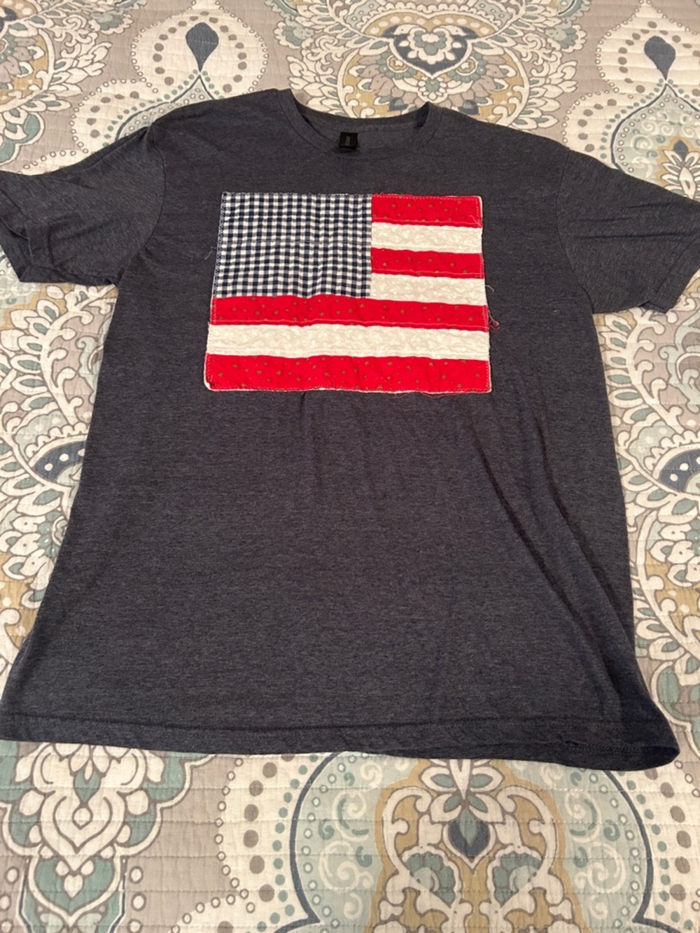 Handmade Gildan Navy Short Sleeve Tee with Patriotic Patch Flag t shirt
